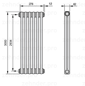 Схема (чертеж) Радиатор Zehnder Charleston 2300/6 №1270 Белый глянцевый RAL 9016